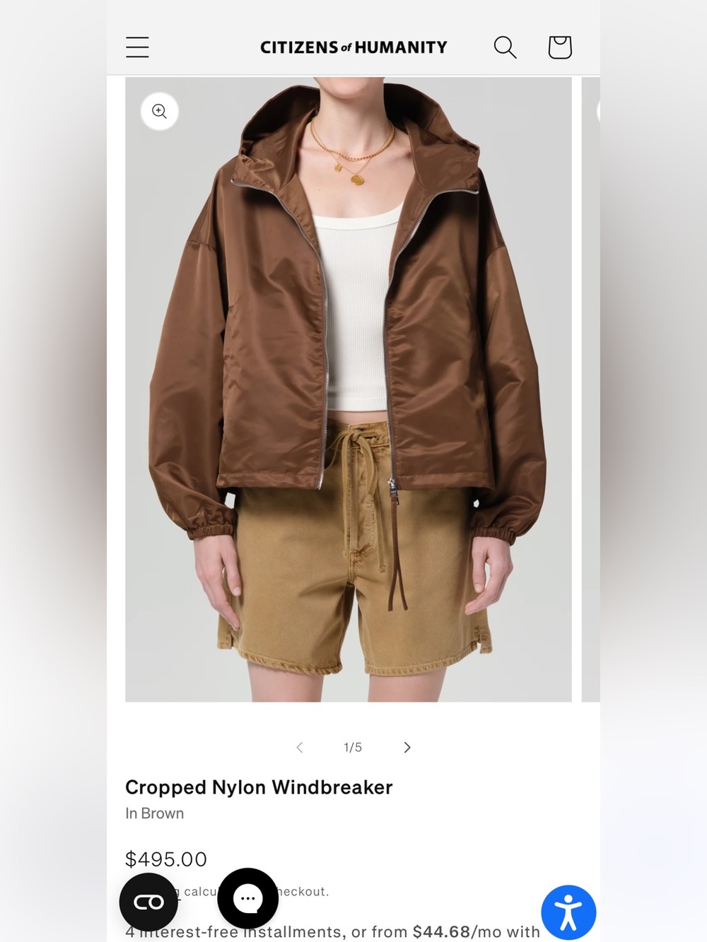 Citizens of Humanity Cropped Nylon Windbreaker Jacket in Brown XS